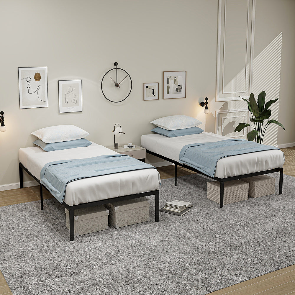 Two twin beds with 14-inch heavy-duty metal platform frames, featuring spacious under-bed storage and a modern design.