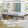 Heavy-duty metal platform bed frame with 12.5" under-bed storage, suitable for various mattress types and easy to clean.