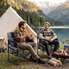 Heavy-duty black outdoor camping chair with cup holder and bottle opener, perfect for camping and picnics by the lake.