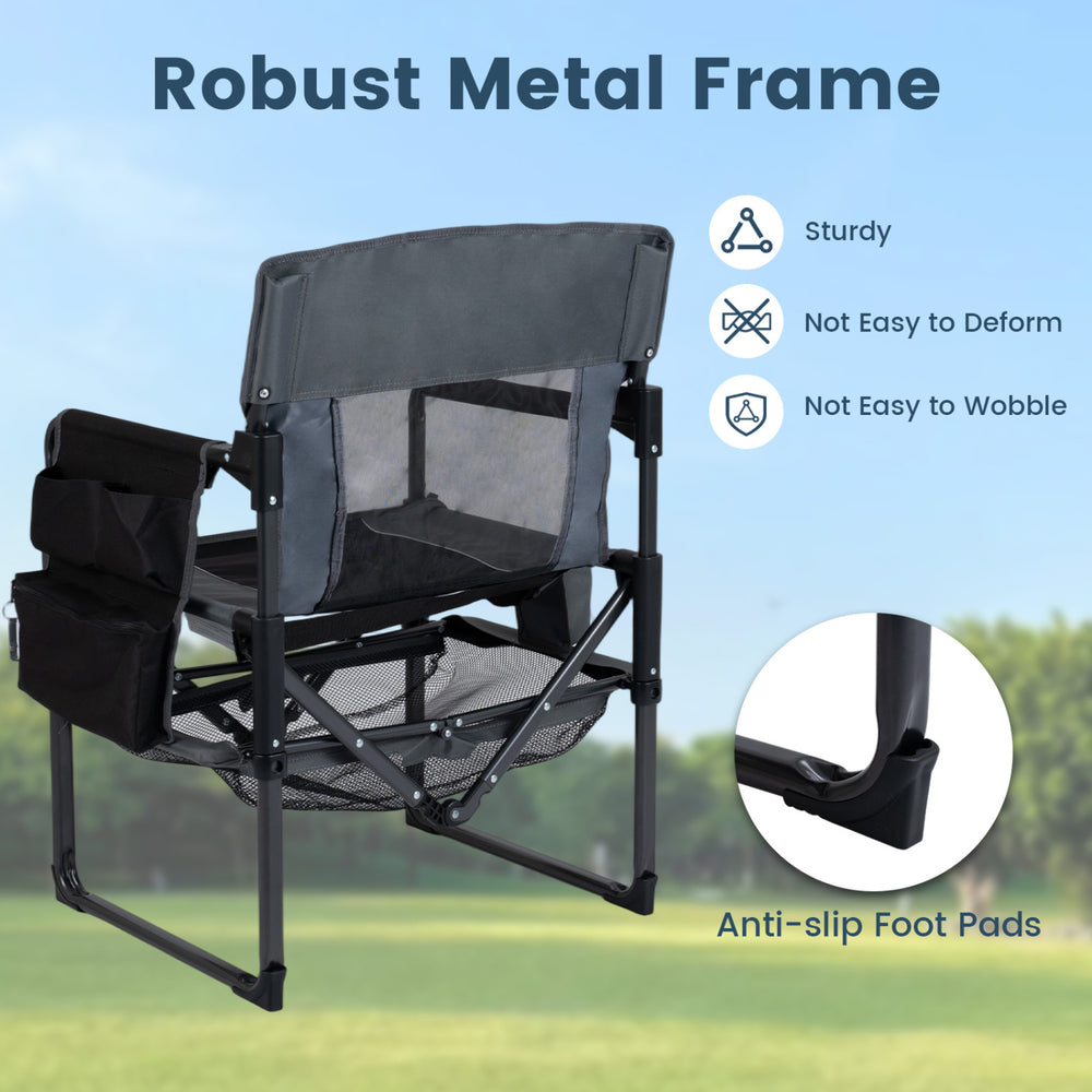 Heavy-duty black camping chair with a robust metal frame, cup holder, and anti-slip foot pads for outdoor relaxation.