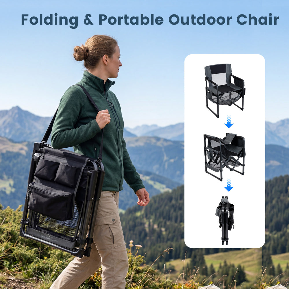 Folding outdoor camping chair in black with cup holder and bottle opener, ideal for hiking and picnics.