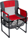 Heavy-duty red outdoor camping chair with cup holder and side pocket, designed for comfort and easy transport.