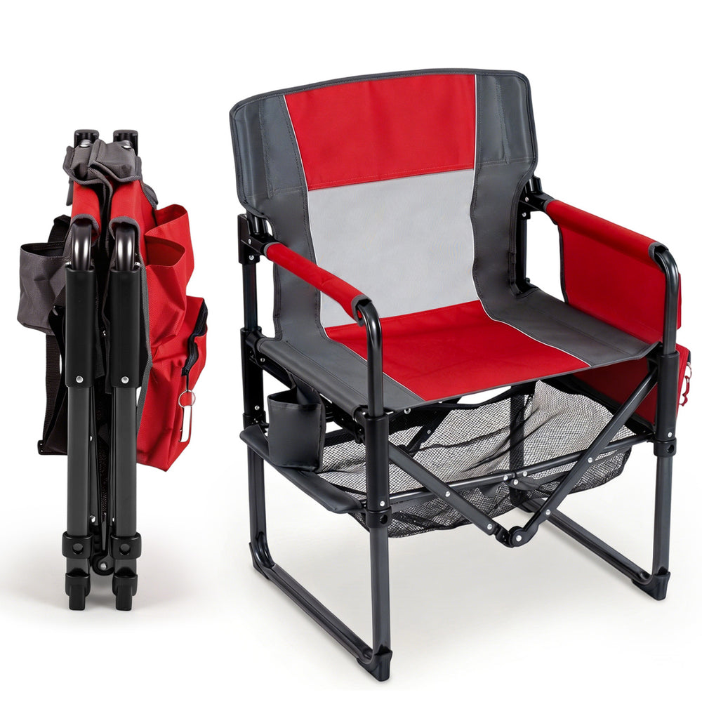 Heavy-duty red outdoor camping chair with cup holder, side pocket, and quick folding design for easy transport.
