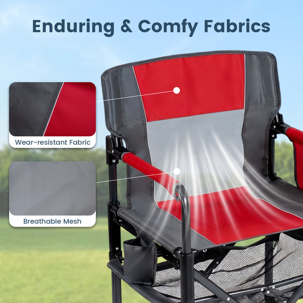 Heavy-duty outdoor camping chair in red with wear-resistant fabric and breathable mesh, ideal for camping and picnics.