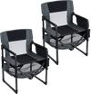 Heavy-duty outdoor camping chairs in black feature a cup holder, bottle opener, and quick folding design for easy transport.
