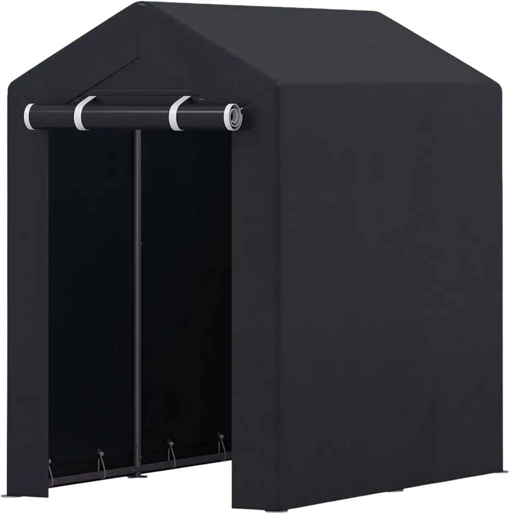 Heavy-duty portable storage shed with roll-up zipper door, reinforced beams, and weather-resistant PE cover for outdoor.