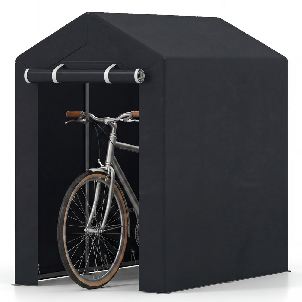 Heavy-duty portable storage shed with roll-up zipper door, designed for outdoor bike and tool storage, featuring a.