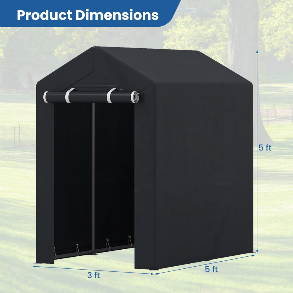 Heavy-duty portable storage shed with roll-up zipper door, measuring 3x5x5 ft, ideal for outdoor storage in various.