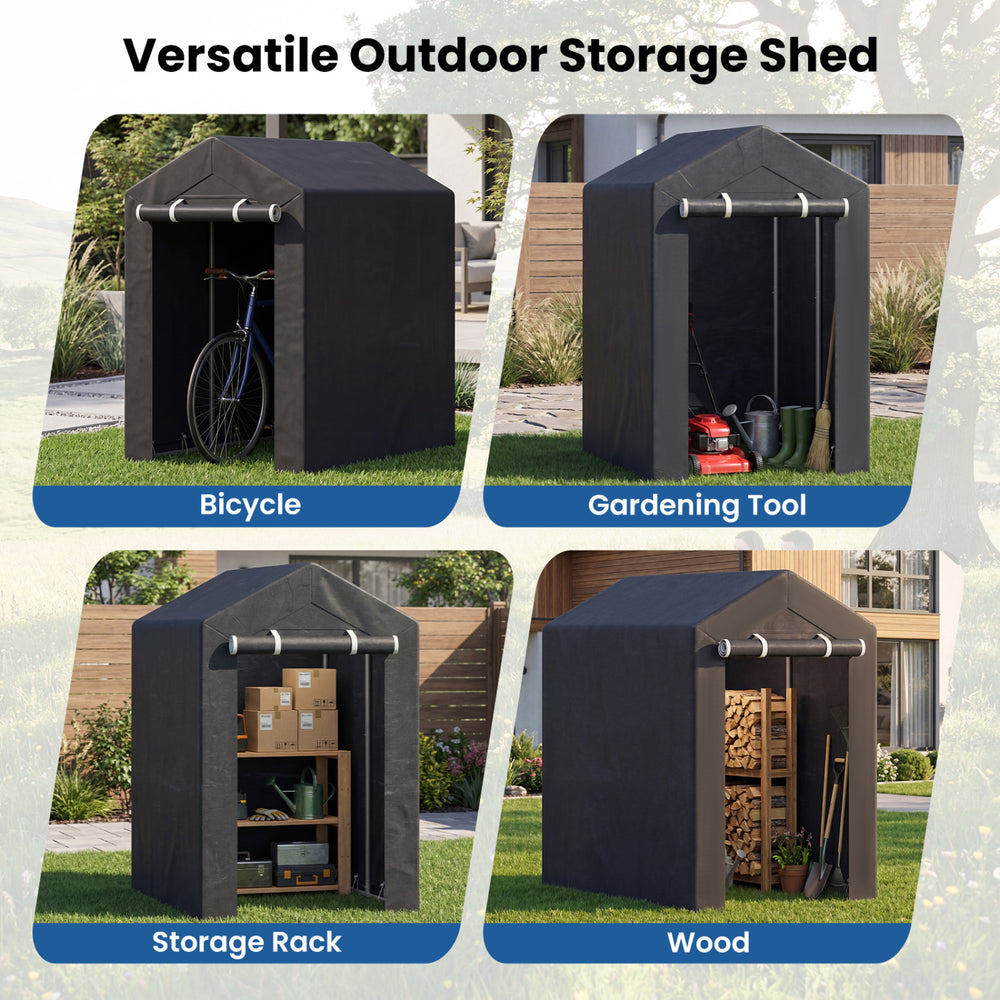 Heavy-duty portable storage shed with roll-up zipper door, ideal for bikes, tools, and wood in outdoor spaces.
