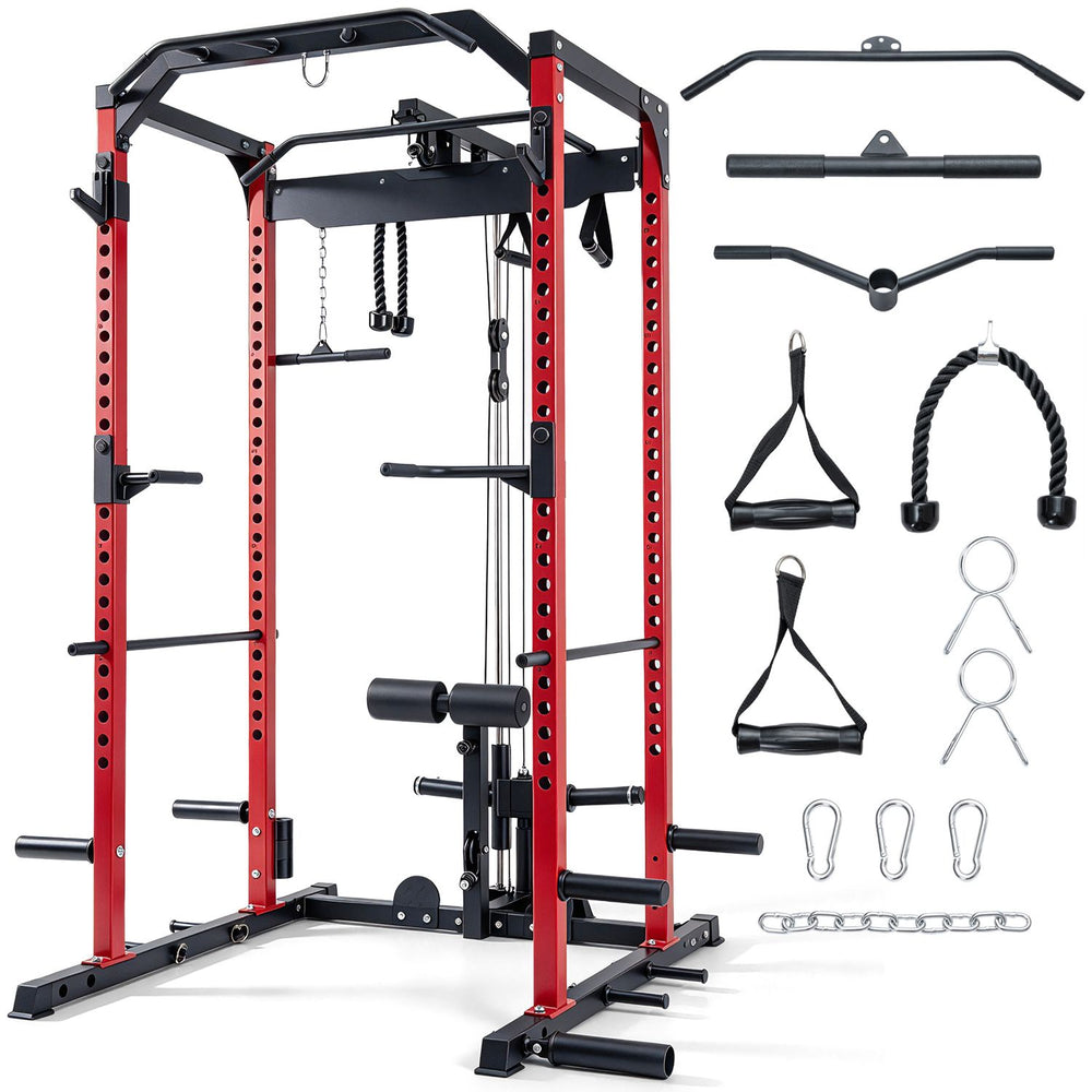 Heavy-duty power cage with cable crossover system, adjustable safety bars, and leg hold-down for versatile home workouts.