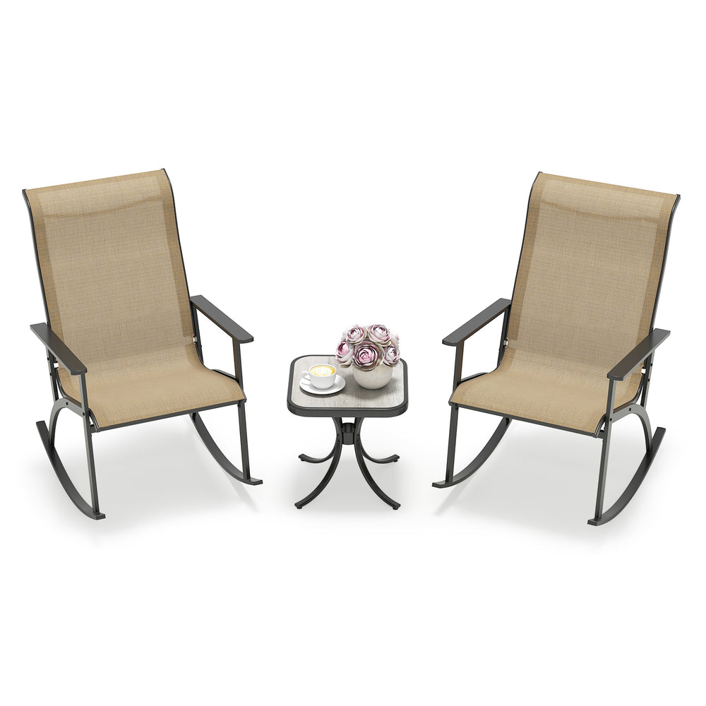 Heavy-duty rocking bistro chair with high backrest, featuring breathable fabric and sturdy metal frame for outdoor.
