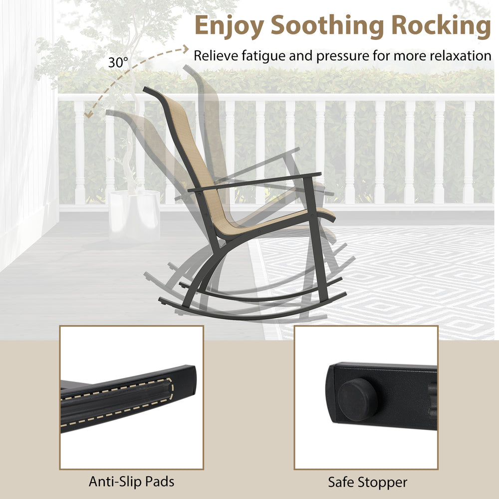 Heavy-duty rocking chair with anti-slip pads and safe stopper, perfect for relaxing on the porch or balcony.
