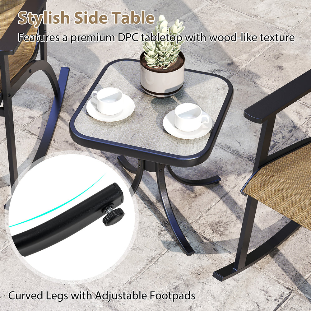 Stylish side table with wood-like DPC tabletop and curved legs, perfect for outdoor relaxation in your backyard or.