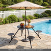 Round black picnic table for 4 with iron seats and umbrella hole, perfect for outdoor dining by the pool.