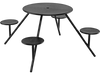 Round black picnic table for 4 with iron seats and umbrella hole, ideal for outdoor gatherings and dining.