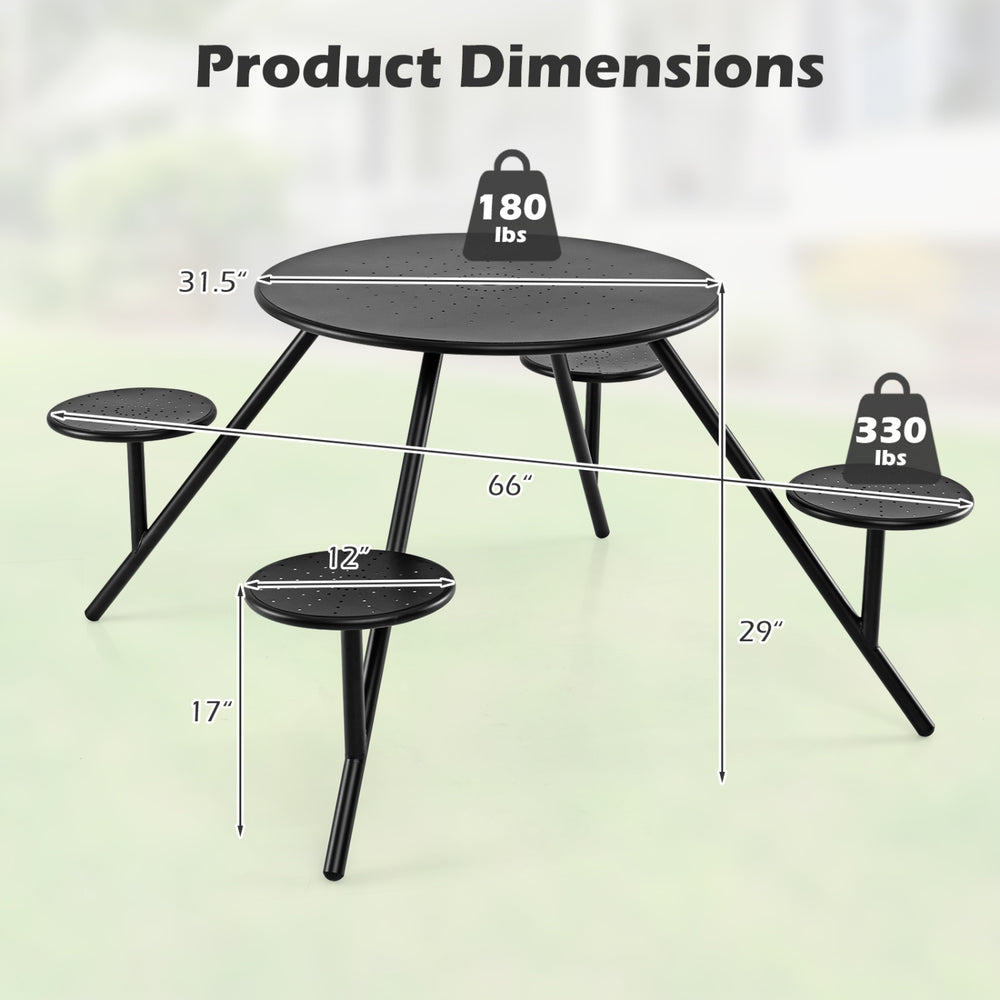Heavy duty round picnic table with iron seats, dimensions shown, supports up to 330 lbs, ideal for outdoor gatherings.