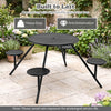 Heavy-duty round picnic table for 4 with iron seats and umbrella hole, perfect for outdoor gatherings.