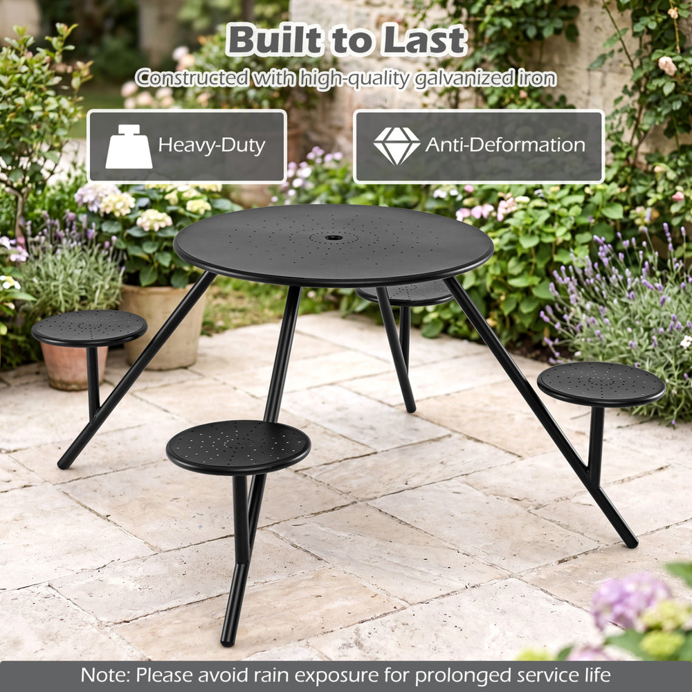 Heavy-duty round picnic table for 4 with iron seats and umbrella hole, perfect for outdoor gatherings.