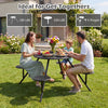Heavy duty round picnic table for 4 with iron seats, ideal for outdoor gatherings, featuring an umbrella hole.