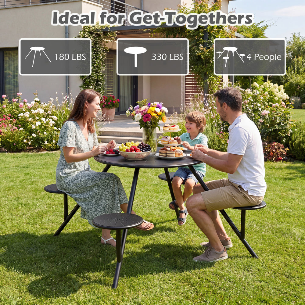 Heavy duty round picnic table for 4 with iron seats, ideal for outdoor gatherings, featuring an umbrella hole.
