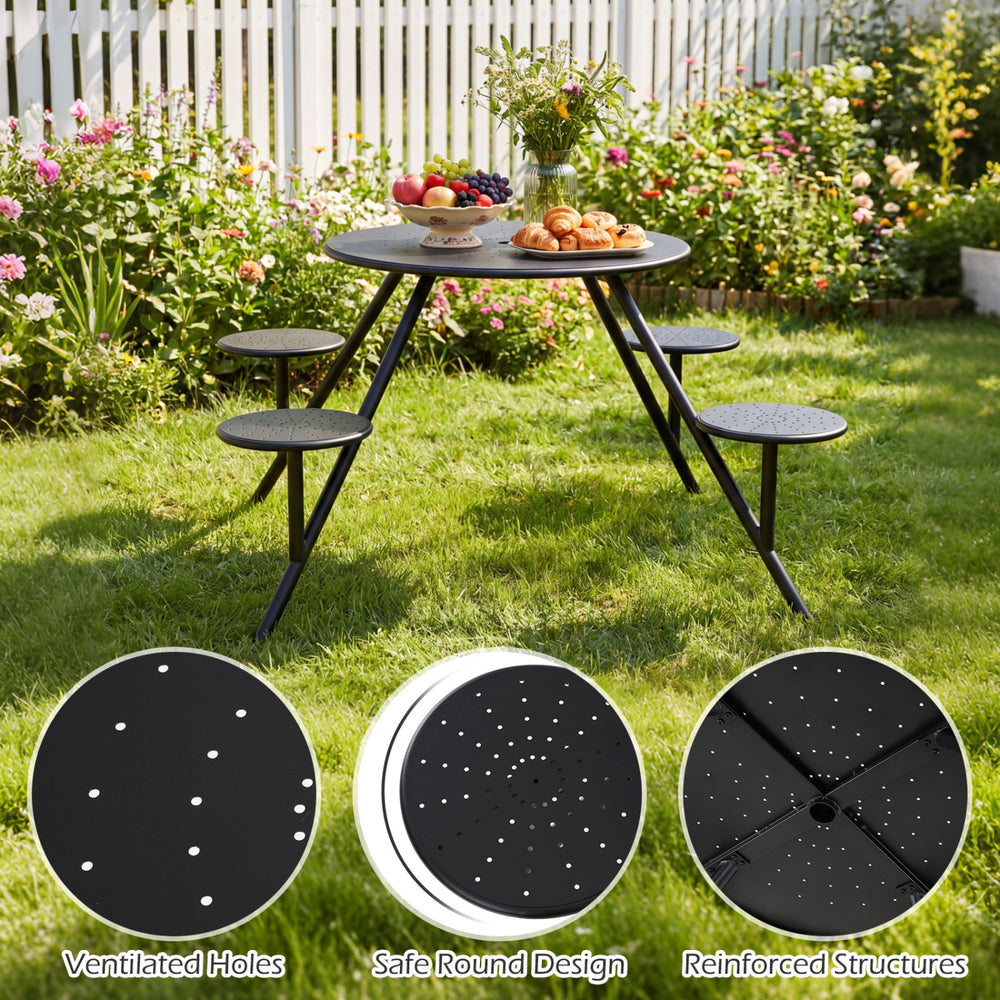 Heavy duty round picnic table for 4 with iron seats, featuring ventilated holes and an umbrella hole, perfect for.
