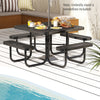 Square black picnic table with four benches, umbrella hole, perfect for outdoor dining and gatherings by the poolside.