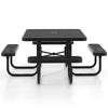 Square black picnic table with four benches, umbrella hole, and rustproof metal frame for outdoor dining.