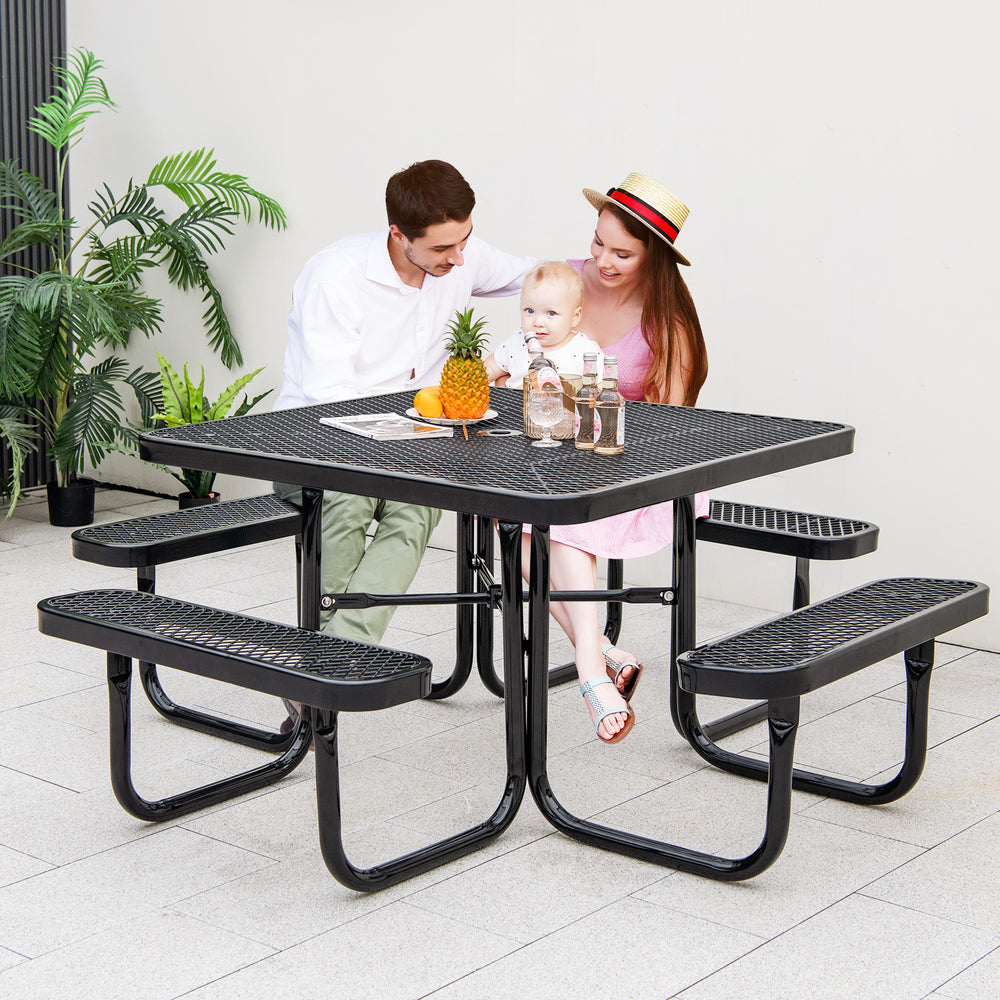 Square black picnic table with four benches, designed for 8 people, featuring an umbrella hole for outdoor use.