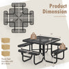 Square picnic table with benches, black metal frame, umbrella hole, dimensions 76" x 76", ideal for outdoor gatherings.