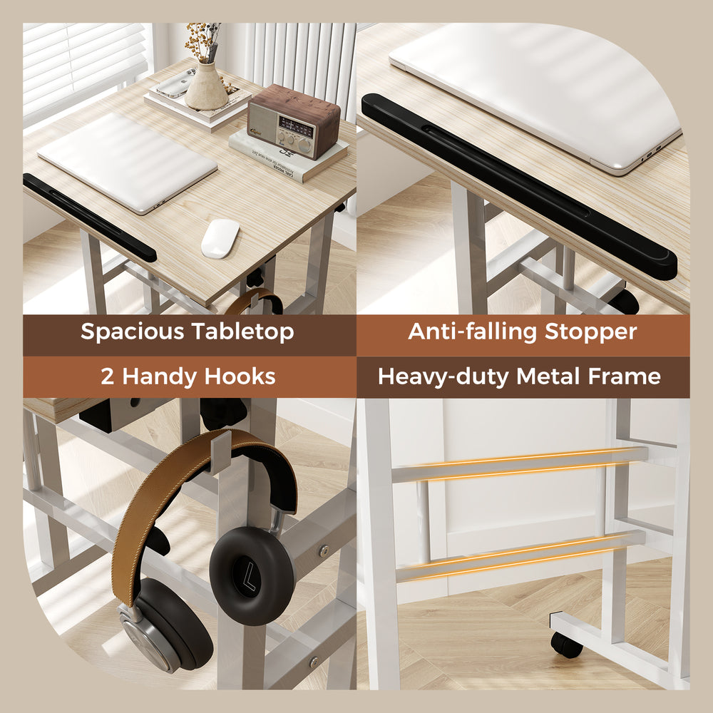 Height-adjustable mobile standing desk with spacious tabletop, anti-falling stopper, and 2 handy hooks for versatile.