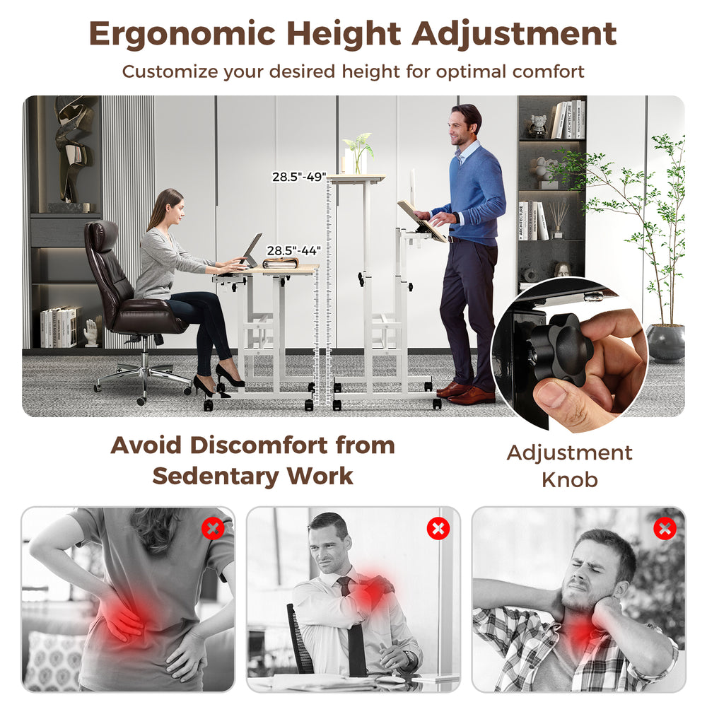 Height-adjustable mobile standing desk with split top, ergonomic design, and casters for easy mobility and comfort.