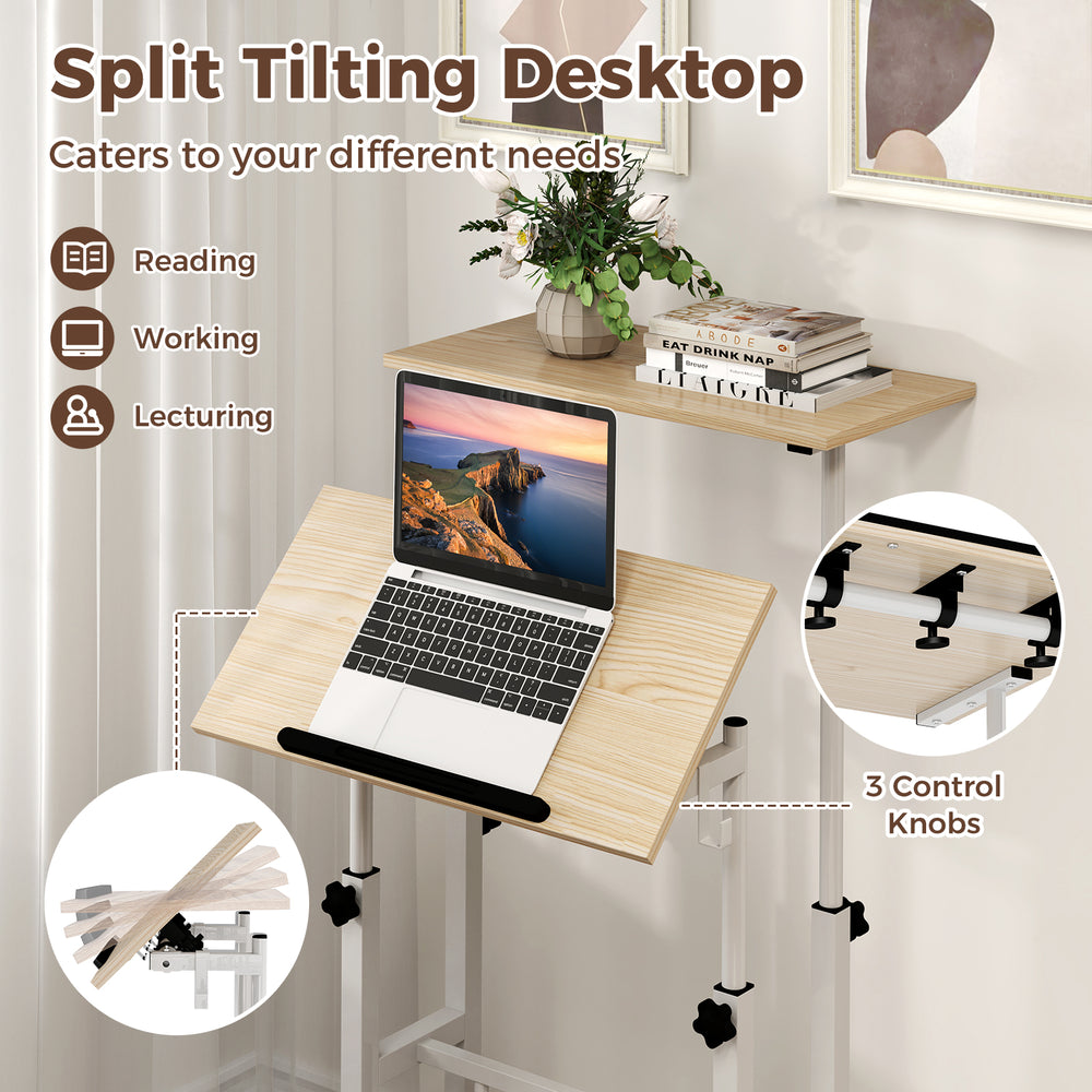 Height-adjustable mobile standing desk with split top, featuring ergonomic design and adjustable angle for versatile.