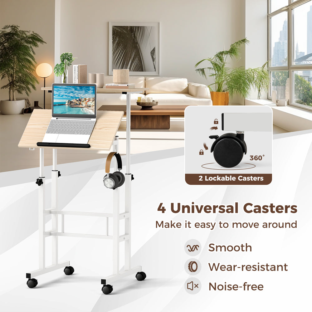 Height-adjustable mobile standing desk with split top, ergonomic design, and 4 universal casters for easy mobility.