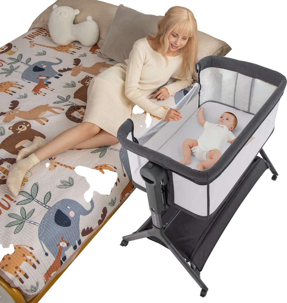 Height adjustable bedside sleeper in gray with soft mattress, featuring a storage bag and breathable mesh for baby.