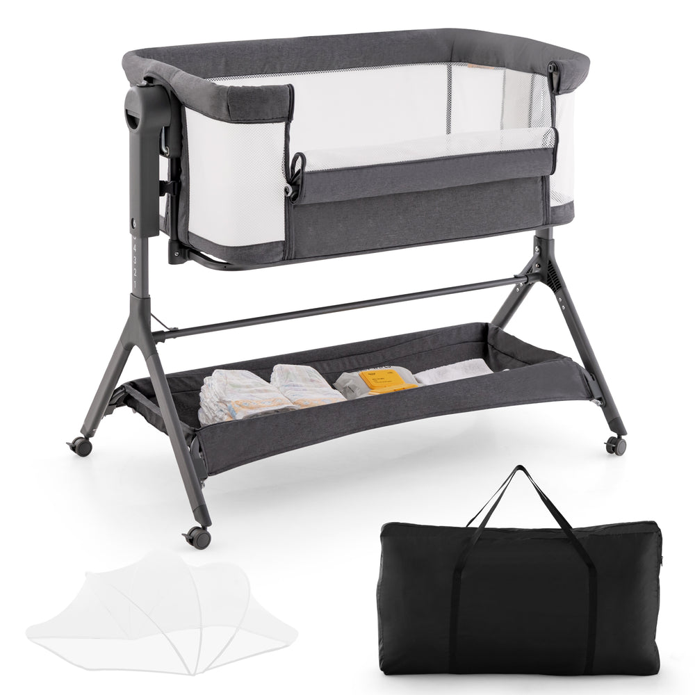 Height adjustable bedside sleeper in gray with storage basket, soft mattress, and detachable mosquito net for baby.