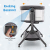 Height adjustable bedside sleeper in gray with rocking feature, breathable mesh, and storage bag for baby essentials.