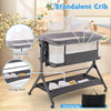 Height adjustable bedside sleeper in gray with storage shelf, protective net, and soft mattress for safe baby sleep.