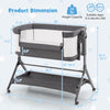 Height adjustable bedside sleeper in gray with storage bag, dimensions shown for easy setup and baby safety.