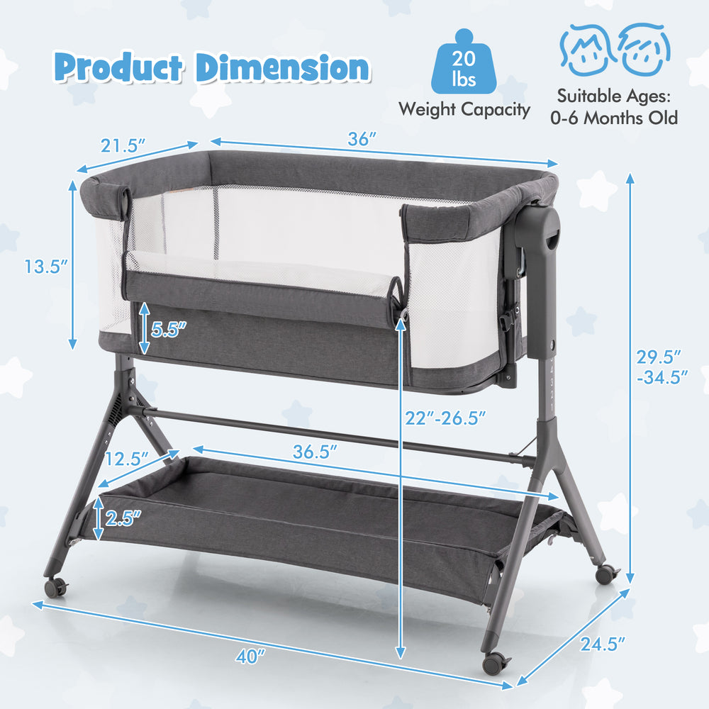 Height adjustable bedside sleeper in gray with storage bag, dimensions shown for easy setup and baby safety.