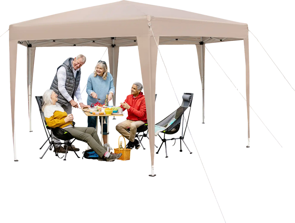 Hexagonal pop-up canopy tent in khaki, 13 x 11.5 ft, providing shade for outdoor gatherings and camping activities.