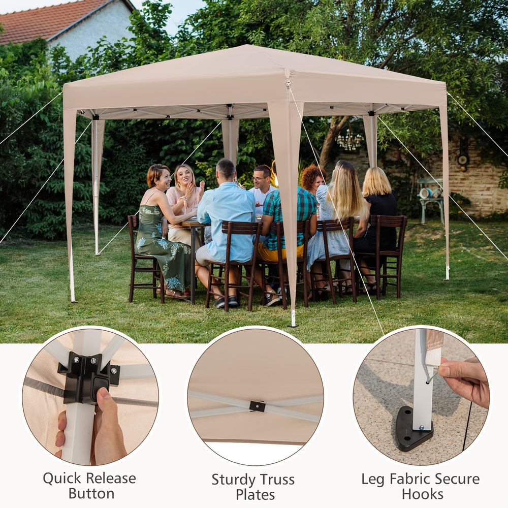 Hexagonal pop-up canopy tent in khaki, 13 x 11.5 ft, features sturdy frame and dressed legs for outdoor gatherings.