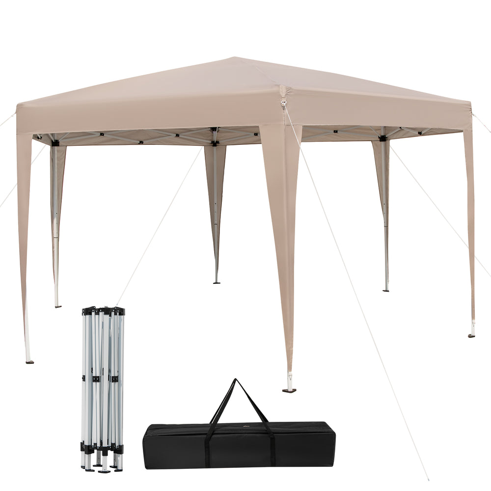 Hexagonal 13 x 11.5 ft khaki pop-up canopy tent with adjustable height, ideal for camping or picnics.