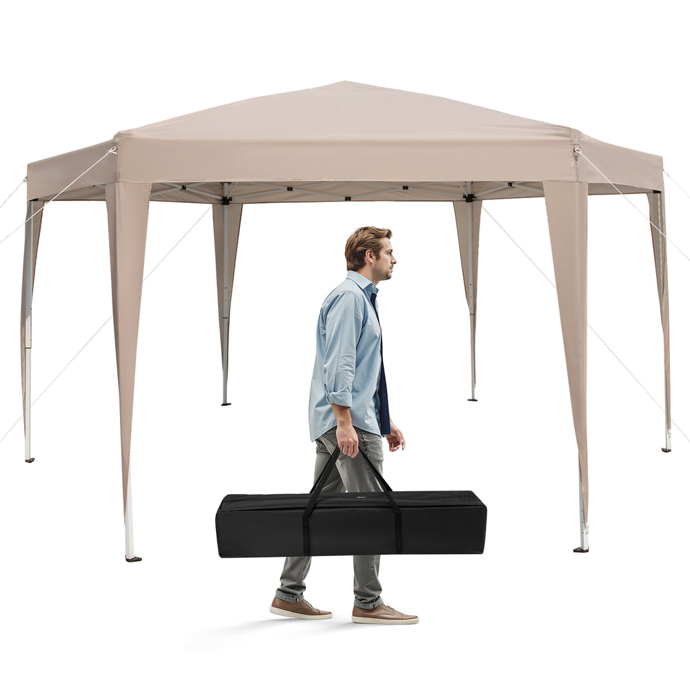 Hexagonal pop-up canopy tent in khaki, 13 x 11.5 ft, height adjustable, ideal for camping or picnics.