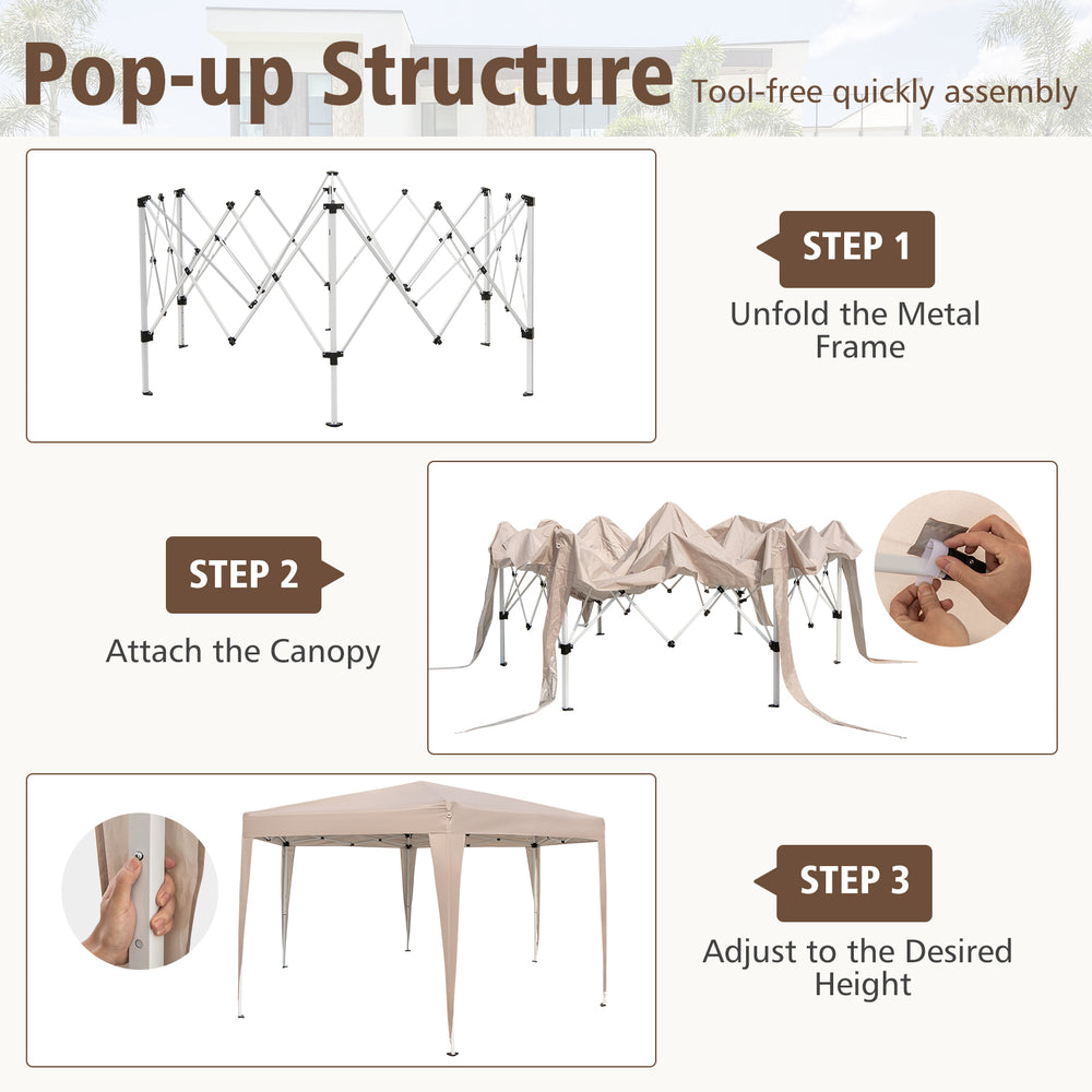 Assembly steps for the 13 x 11.5 ft khaki pop-up canopy tent, highlighting tool-free setup and height adjustment.