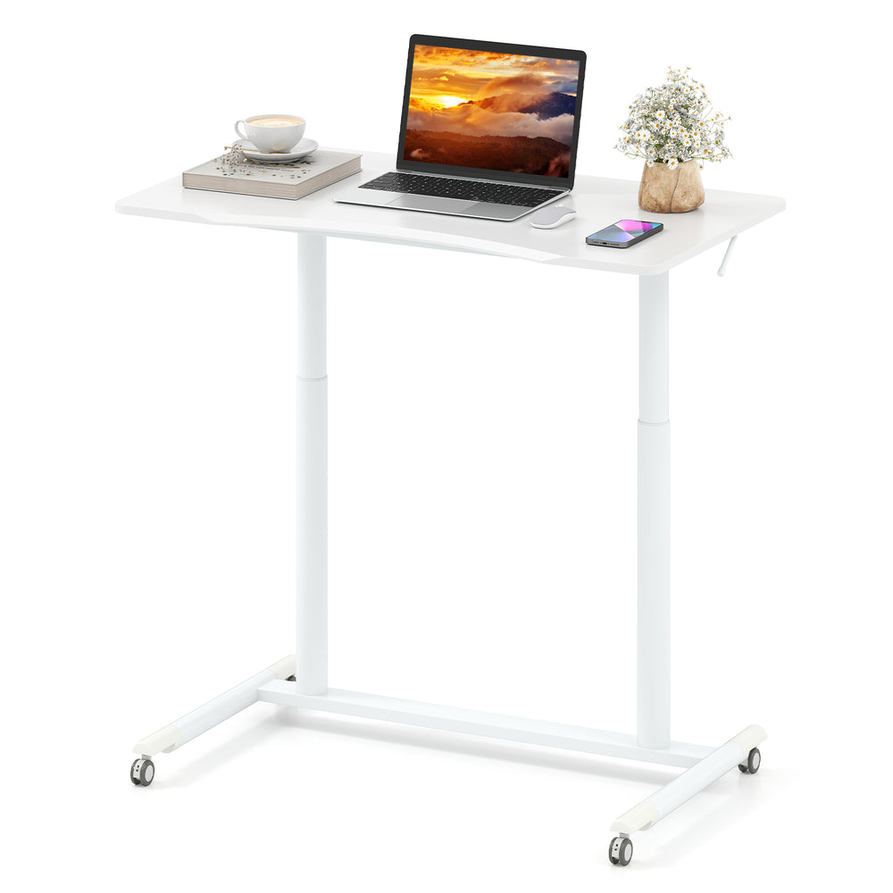 Height adjustable rolling table with a sturdy MDF top and steel frame, perfect for home or office use.