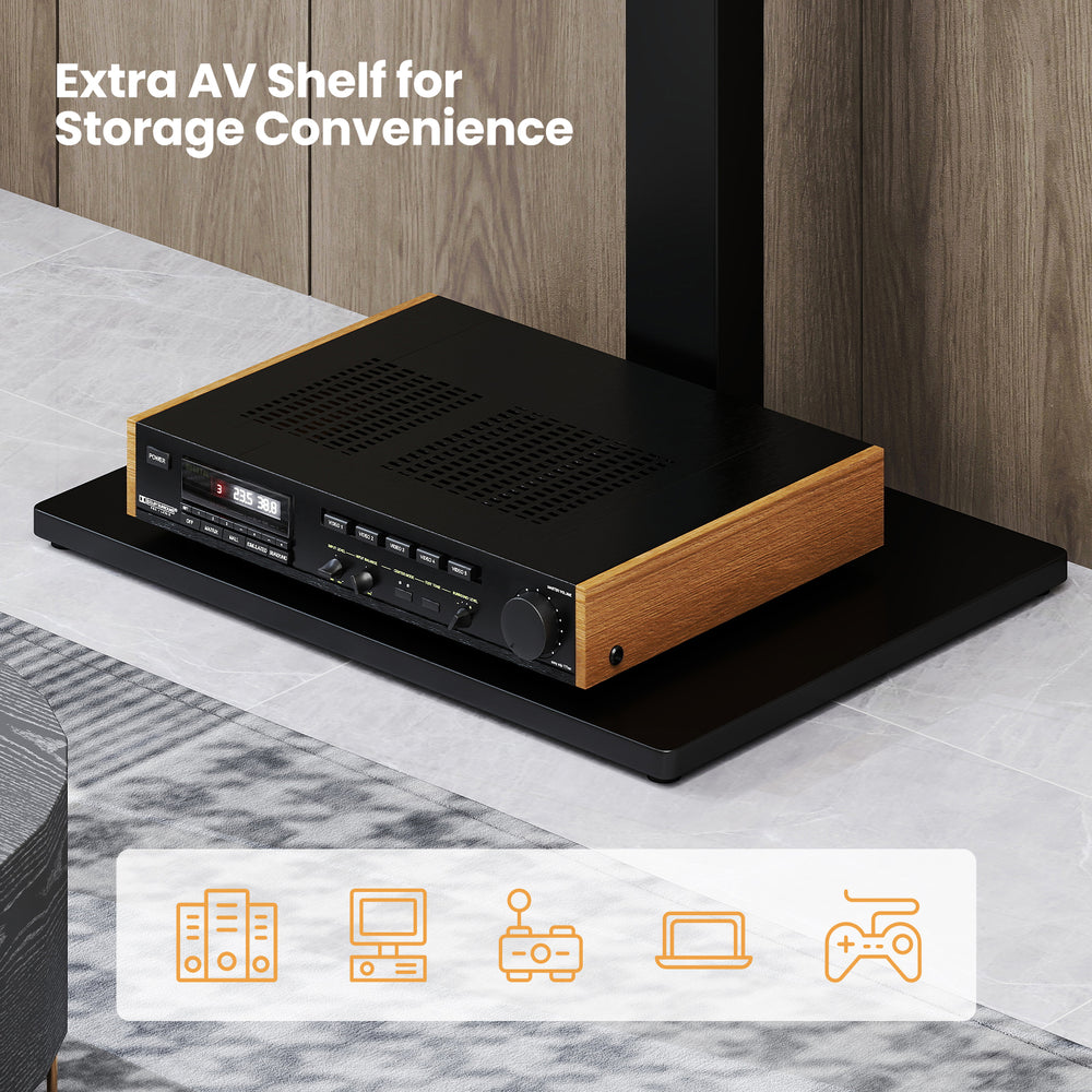Height adjustable TV stand with AV shelf, suitable for 32-70 inch TVs, featuring cable management and non-slip foot.