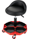 Height adjustable garage seat with a black PU leather cushion and detachable storage tray for tools, ideal for repairs.
