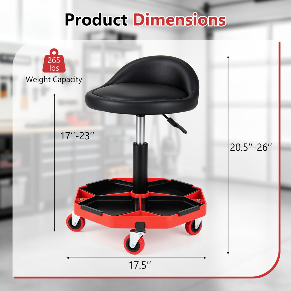 Height adjustable garage seat with a black PU leather cushion, featuring a detachable storage tray and 360° wheels for easy movement.