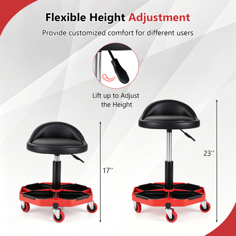 Height adjustable garage seat with PU leather cushion, ergonomic backrest, and detachable storage tray for tools.