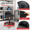 Height adjustable garage seat with ergonomic backrest, waterproof PU leather cushion, and detachable storage tray for tools.